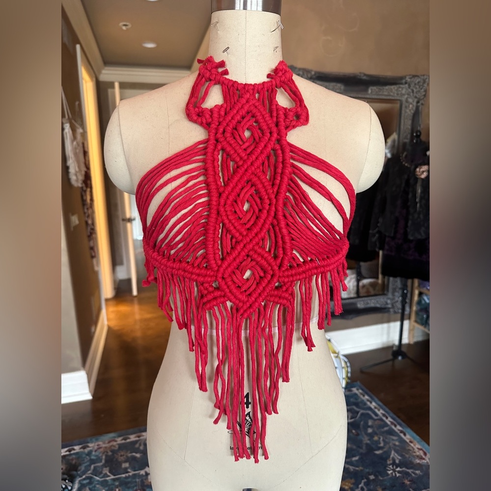 Original GoodVibeGoda Handcrafted Red Macramé Fringe Halter Top